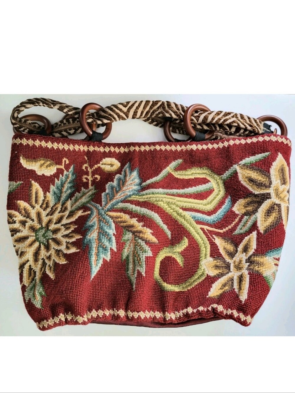 LARGE FLORAL WOOL NEEDLEPOINT HANDBAG, PURSE, ADJUSTABLE STRAP, HANDMADE